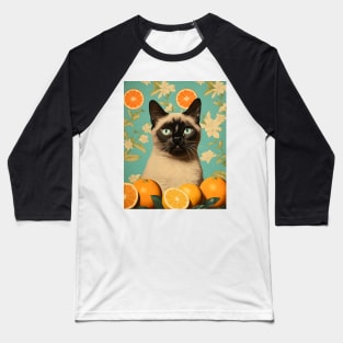 Retro Kitsch Siamese Cat and Citrus Fruit Collage Baseball T-Shirt